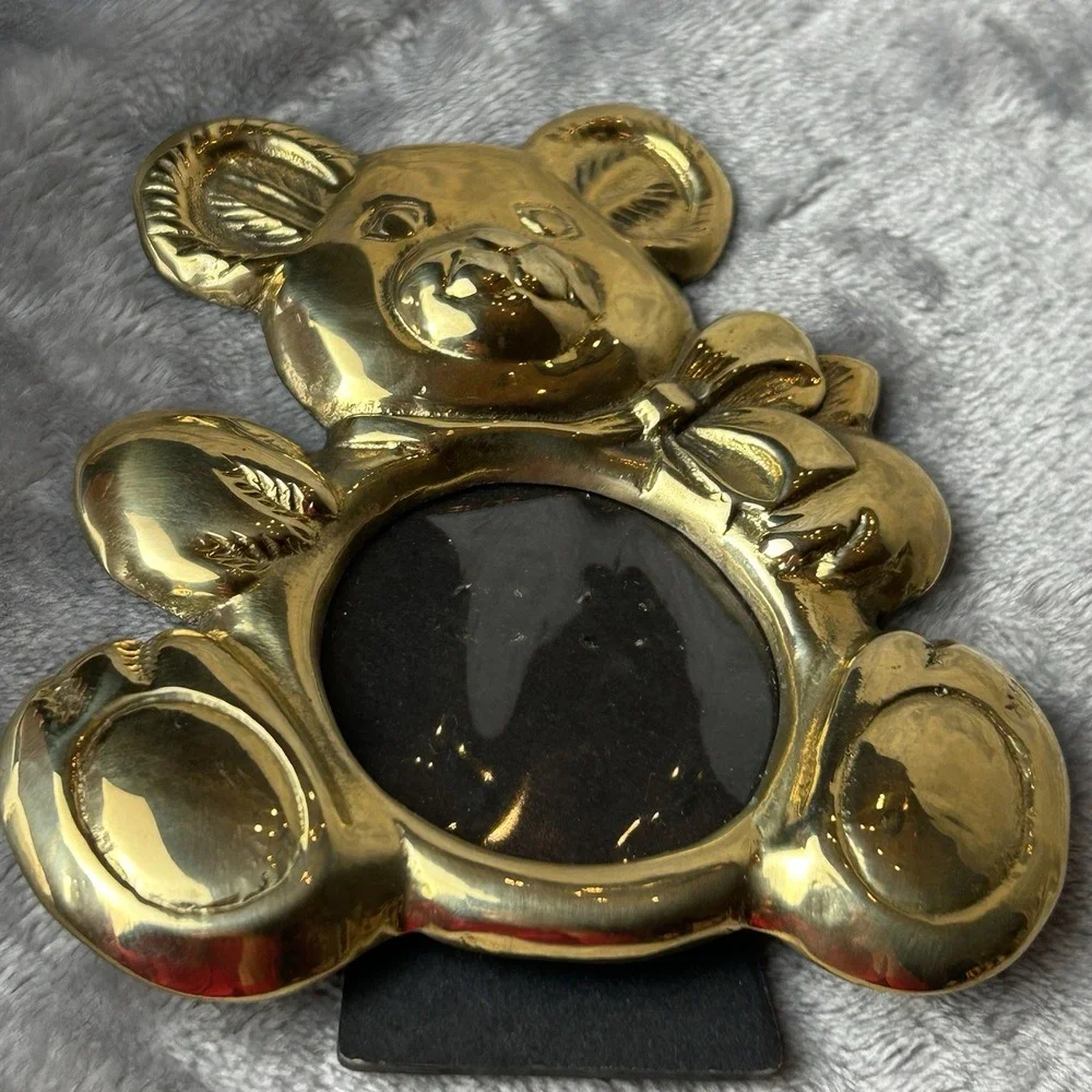 Vintage Brass Teddy Bear Shaped Frame 3D Cottagecore Country Decor Kids Room